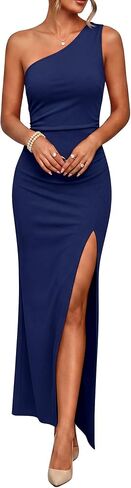 Caracilia Womens Summer One Shoulder Formal Dress Bodycon Ruched High Split Wedding Guest Cocktail Party Maxi Dresses in Kuwait