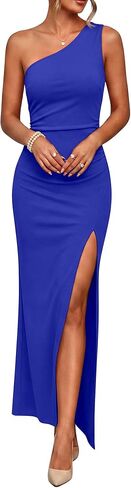 Caracilia Womens Summer One Shoulder Formal Dress Bodycon Ruched High Split Wedding Guest Cocktail Party Maxi Dresses in Kuwait