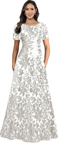 Quoriae Long Formal Dresses Evening Gown for Women Short Sleeve Sequin Mother of Bride Dress with Pockets in Saudi Arabia