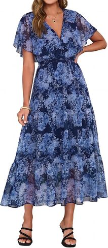 Simplee Womens Floral Boho Maxi Dress Summer Beach Wedding Guest V Neck Ruffle Sleeve Long Flowy Dresses in Kuwait