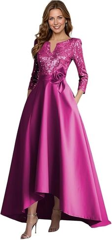 A-Line Satin Mother of The Bride Dresses for Women High-Low Puffy 3/4 Sleeve Sparkly Sequin Formal Dress with Pockets in Saudi Arabia