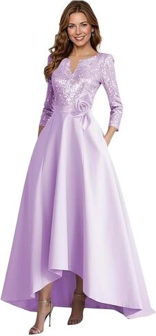 A-Line Satin Mother of The Bride Dresses for Women High-Low Puffy 3/4 Sleeve Sparkly Sequin Formal Dress with Pockets in Saudi Arabia