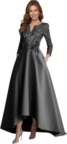 A-Line Satin Mother of The Bride Dresses for Women High-Low Puffy 3/4 Sleeve Sparkly Sequin Formal Dress with Pockets in Saudi Arabia