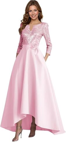 A-Line Satin Mother of The Bride Dresses for Women High-Low Puffy 3/4 Sleeve Sparkly Sequin Formal Dress with Pockets in Saudi Arabia
