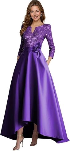 A-Line Satin Mother of The Bride Dresses for Women High-Low Puffy 3/4 Sleeve Sparkly Sequin Formal Dress with Pockets in Saudi Arabia