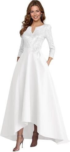 A-Line Satin Mother of The Bride Dresses for Women High-Low Puffy 3/4 Sleeve Sparkly Sequin Formal Dress with Pockets in Saudi Arabia