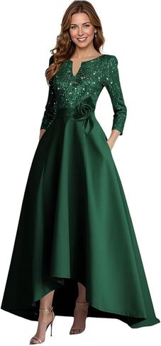 A-Line Satin Mother of The Bride Dresses for Women High-Low Puffy 3/4 Sleeve Sparkly Sequin Formal Dress with Pockets in Saudi Arabia