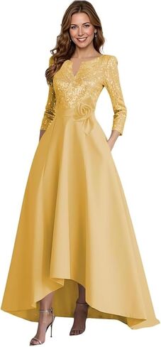 A-Line Satin Mother of The Bride Dresses for Women High-Low Puffy 3/4 Sleeve Sparkly Sequin Formal Dress with Pockets in Saudi Arabia