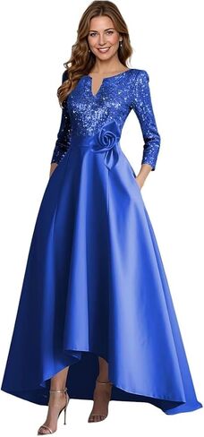 A-Line Satin Mother of The Bride Dresses for Women High-Low Puffy 3/4 Sleeve Sparkly Sequin Formal Dress with Pockets in Saudi Arabia