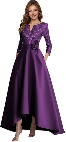 A-Line Satin Mother of The Bride Dresses for Women High-Low Puffy 3/4 Sleeve Sparkly Sequin Formal Dress with Pockets in Saudi Arabia