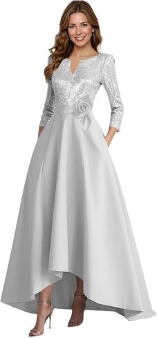 A-Line Satin Mother of The Bride Dresses for Women High-Low Puffy 3/4 Sleeve Sparkly Sequin Formal Dress with Pockets in Saudi Arabia