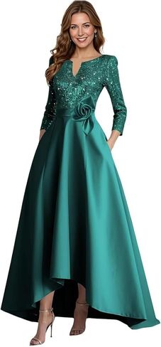 A-Line Satin Mother of The Bride Dresses for Women High-Low Puffy 3/4 Sleeve Sparkly Sequin Formal Dress with Pockets in Saudi Arabia