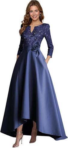 A-Line Satin Mother of The Bride Dresses for Women High-Low Puffy 3/4 Sleeve Sparkly Sequin Formal Dress with Pockets in Saudi Arabia