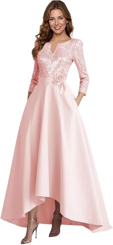 A-Line Satin Mother of The Bride Dresses for Women High-Low Puffy 3/4 Sleeve Sparkly Sequin Formal Dress with Pockets in Saudi Arabia