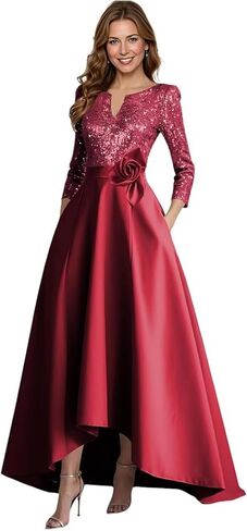 A-Line Satin Mother of The Bride Dresses for Women High-Low Puffy 3/4 Sleeve Sparkly Sequin Formal Dress with Pockets in Saudi Arabia