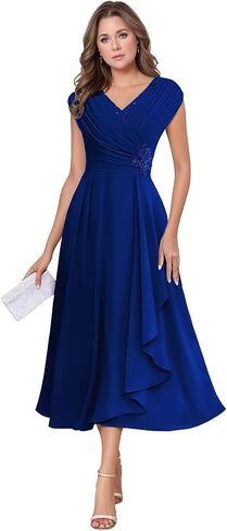 Chiffon Tea Length Mother of The Bride Dresses for Wedding Cap Sleeve Lace Applique Short Formal Evening Gown for Women in Kuwait