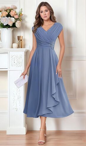 Chiffon Tea Length Mother of The Bride Dresses for Wedding Cap Sleeve Lace Applique Short Formal Evening Gown for Women in Kuwait