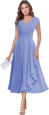 Chiffon Tea Length Mother of The Bride Dresses for Wedding Cap Sleeve Lace Applique Short Formal Evening Gown for Women in Kuwait