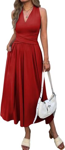 Mieazom Women’s Sleeveless V-Neck Maxi Dress with Pockets, Elegant A-Line Flowy Long Dress for Wedding Guest Party Vacation in Kuwait