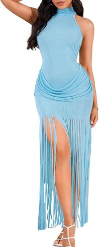 Kaei&Shi Fringe Western Formal Dress, Sheer Halter Backless Ruched Maxi Dresses, Women Cocktail Gala Party Outfit in Kuwait