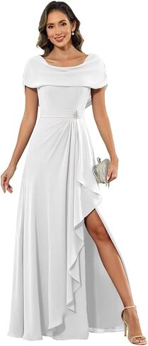 Women's Chiffon Mother of the Bride Dresses Long Scoop Neck Cape Sleeve Evening Formal Dress with Slit in Saudi Arabia
