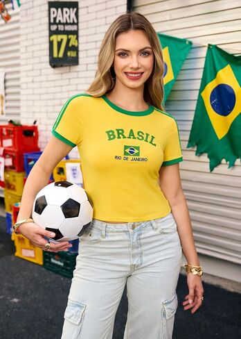 Clarisbelle Women's Y2K Baby Tee Slim Fit Ringer T-Shirt Retro Sporty Crop Top Blokecore Aesthetic Streetwear in Kuwait