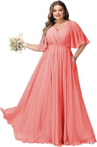 V Neck Plus Size Bridesmaid Dresses with Pockets Short Sleeve Pleated Chiffon Formal Dress for Women LE052 in Saudi Arabia