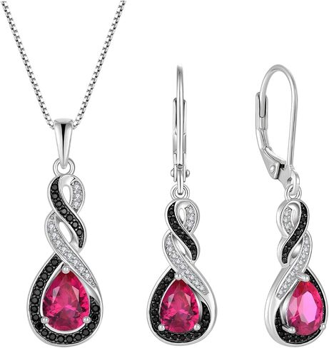 Two Tone Black& White Infinity Pendant Necklace Earrings Women Jewelry Set with Created Ruby in Kuwait