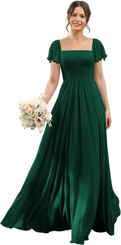 Flutter Sleeves Bridesmaid Dresses with Slit Square Neck Chiffon A Line Formal Party Dress Long with Pockets LE051 in Saudi Arabia