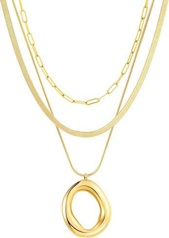 Layered Gold Necklaces for Women,18K Real Gold Plated Trendy Circle Pendant Necklace, Stackable Necklace Stainless Steel Jewelry Gifts for Birthday Valentine's, Mother's Day & Christmas in Kuwait