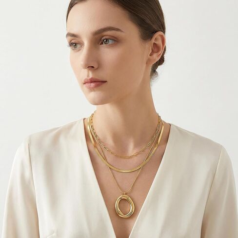 Layered Gold Necklaces for Women,18K Real Gold Plated Trendy Circle Pendant Necklace, Stackable Necklace Stainless Steel Jewelry Gifts for Birthday Valentine's, Mother's Day & Christmas in Kuwait