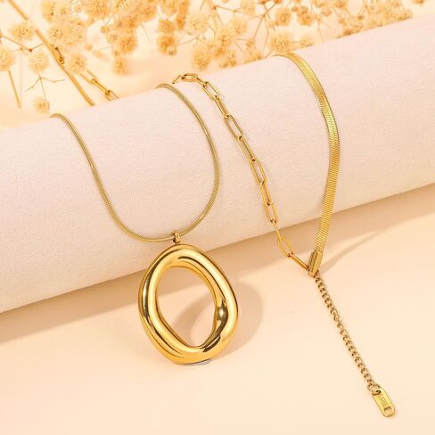 Layered Gold Necklaces for Women,18K Real Gold Plated Trendy Circle Pendant Necklace, Stackable Necklace Stainless Steel Jewelry Gifts for Birthday Valentine's, Mother's Day & Christmas in Kuwait
