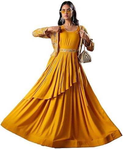 madhuram textiles Women’s Rayon Anarkali Dress | Round Neck Long Flared Ethnic Gown with Full Sleeves for Party & Festive in Kuwait