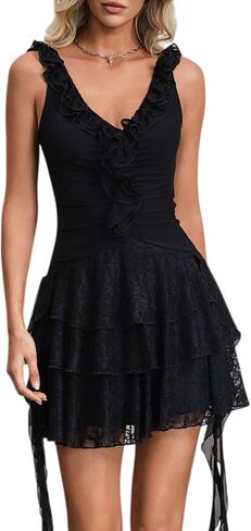Women's Western Sleeveless Dress V Neck Cowgirl Lace Tiered Layered Music Festival Mini Dresses in Saudi Arabia