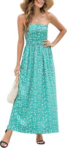 Women's Women 2022 Summer Strapless Boho Ditsy Floral Tube Top Hawaiian Sundresses Beach Party Long Maxi Dress in Saudi Arabia