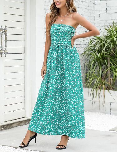 Women's Women 2022 Summer Strapless Boho Ditsy Floral Tube Top Hawaiian Sundresses Beach Party Long Maxi Dress in Saudi Arabia