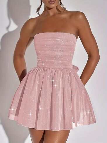 Pastel Strapless Glitter Mini Dress Ruched Bodice Flared Skirt Gown for Women’s Prom Party Events in Kuwait