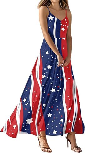 4Th of July Dress Women Sexy Patriotic American Flag Spaghetti Strap Dresses Stars Stripes Swing A Line Cami Sundress in Kuwait