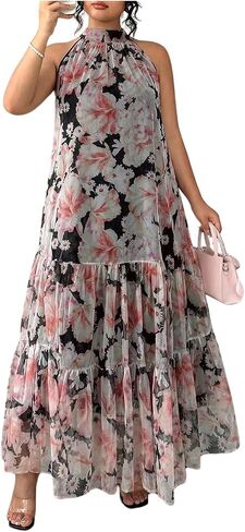 BEAUDRM Women's Plus Size Wedding Guest Dress Floral Summer Maxi Dress Ruffle Flowy Boho Sundress Halter Vacation Outfits in Saudi Arabia