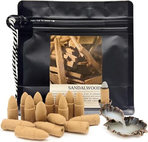 Sandalwood Backflow Incense Cones - 50 Large Waterfall Back Flow Cones Scented - Includes 1 backflow Incense Burner in Saudi Arabia