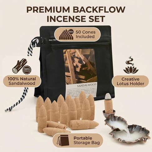 Sandalwood Backflow Incense Cones - 50 Large Waterfall Back Flow Cones Scented - Includes 1 backflow Incense Burner in Saudi Arabia