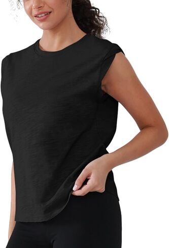 Women's 100% Cotton Tank Tops Sleeveless Workout Tops Yoga Shirts with Rolled Sleeve 4-Way Stretch for Gym Running Causal in Saudi Arabia
