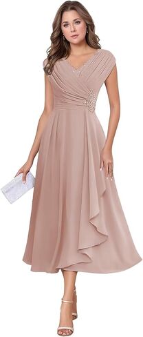 Chiffon Tea Length Mother of The Bride Dresses for Wedding Cap Sleeve Lace Applique Short Formal Evening Gown for Women in Kuwait