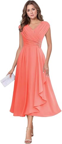 Chiffon Tea Length Mother of The Bride Dresses for Wedding Cap Sleeve Lace Applique Short Formal Evening Gown for Women in Kuwait