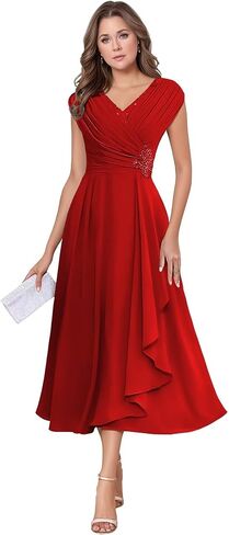 Chiffon Tea Length Mother of The Bride Dresses for Wedding Cap Sleeve Lace Applique Short Formal Evening Gown for Women in Kuwait