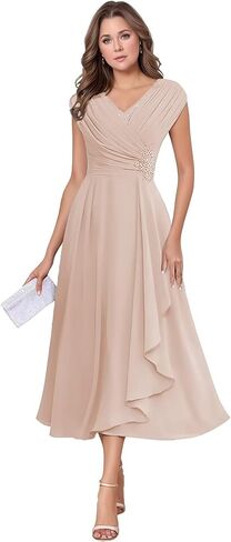 Chiffon Tea Length Mother of The Bride Dresses for Wedding Cap Sleeve Lace Applique Short Formal Evening Gown for Women in Kuwait
