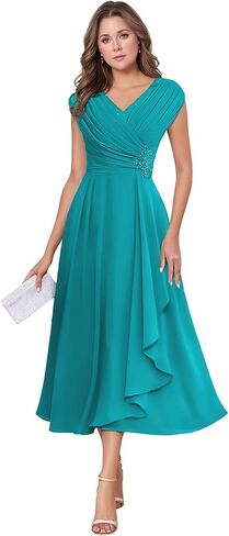 Chiffon Tea Length Mother of The Bride Dresses for Wedding Cap Sleeve Lace Applique Short Formal Evening Gown for Women in Kuwait