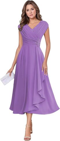 Chiffon Tea Length Mother of The Bride Dresses for Wedding Cap Sleeve Lace Applique Short Formal Evening Gown for Women in Kuwait