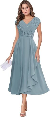 Chiffon Tea Length Mother of The Bride Dresses for Wedding Cap Sleeve Lace Applique Short Formal Evening Gown for Women in Kuwait