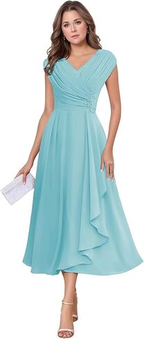 Chiffon Tea Length Mother of The Bride Dresses for Wedding Cap Sleeve Lace Applique Short Formal Evening Gown for Women in Kuwait